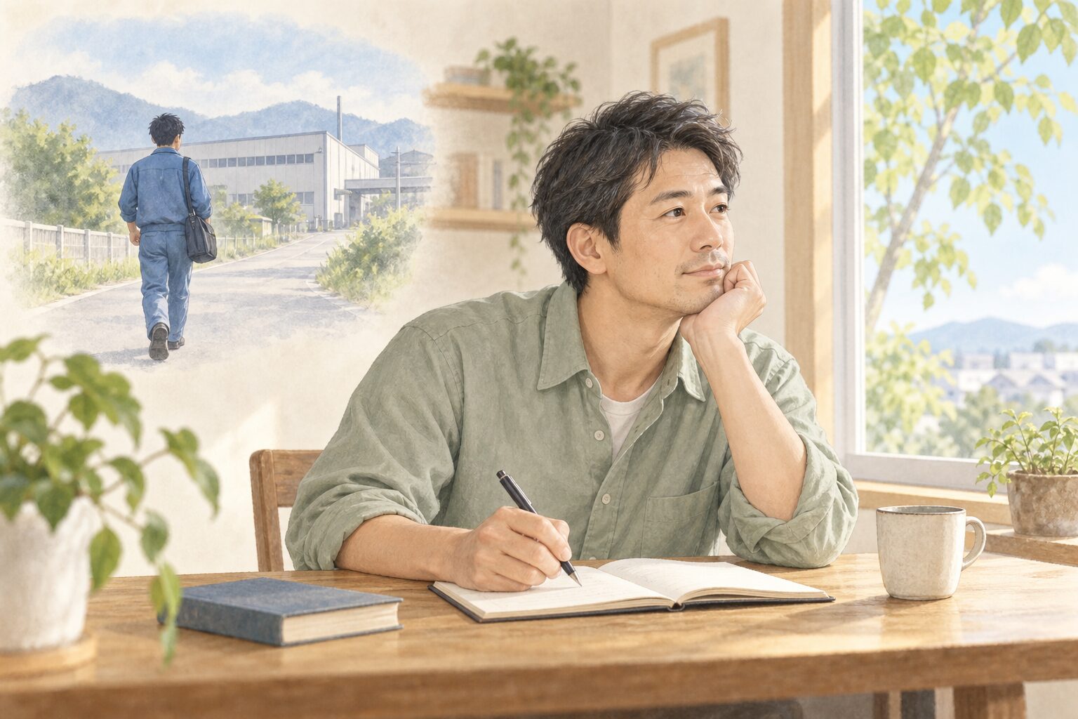 工場で働き始めた頃を思い返しながら 明るい窓辺でノートを開く会社員のイラスト