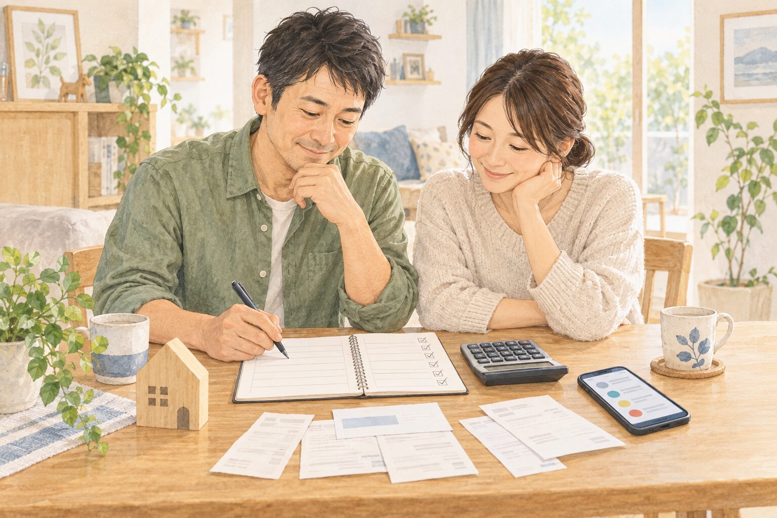 明るい食卓でノートと明細を見ながら毎月の支出を見直す夫婦のイラスト