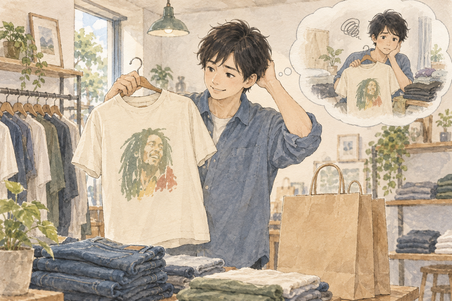 洋服店でTシャツを手に取り、その場の気分で買っていた若い頃を描いた水彩イラスト