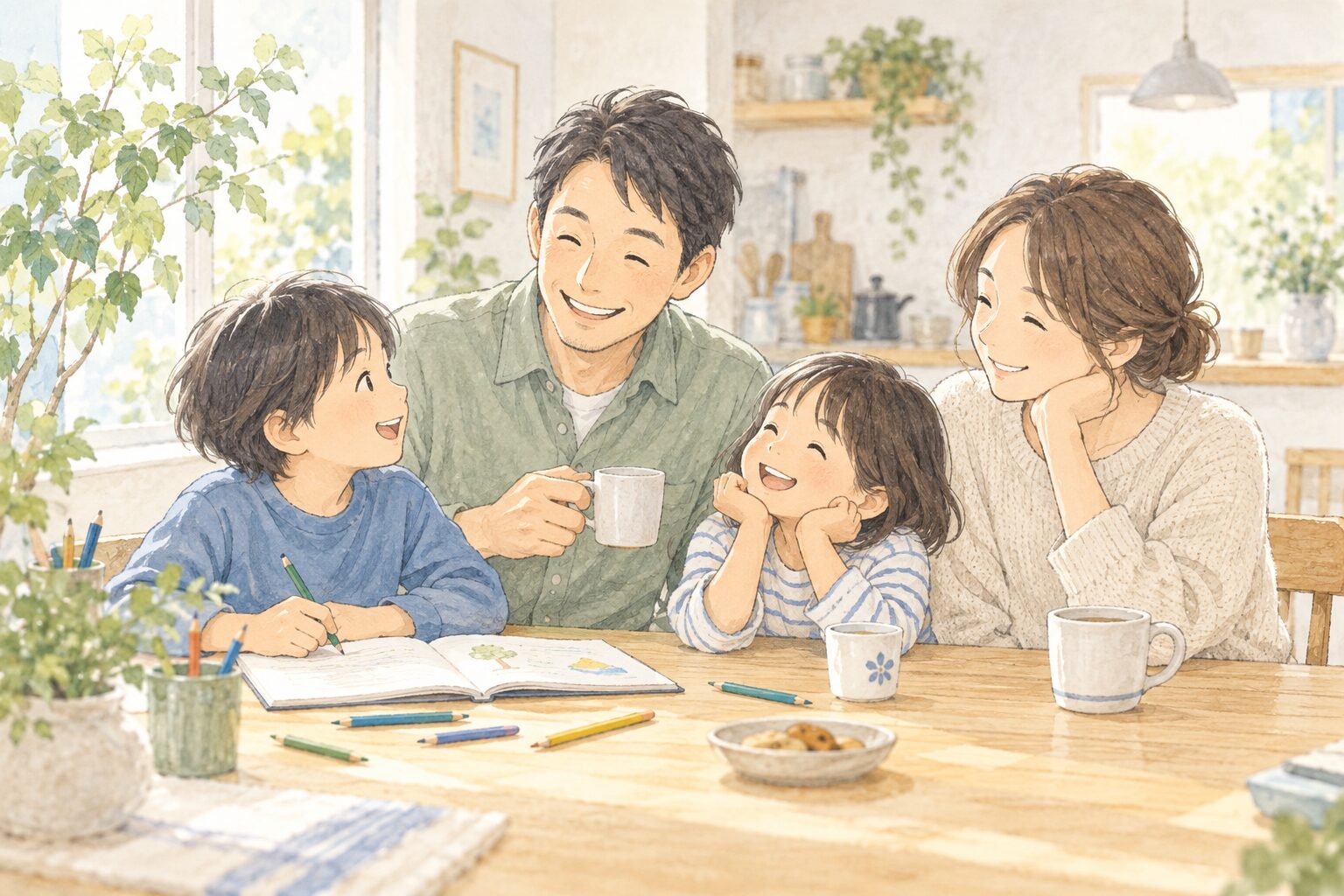明るい食卓で笑顔を交わす家族のイラスト