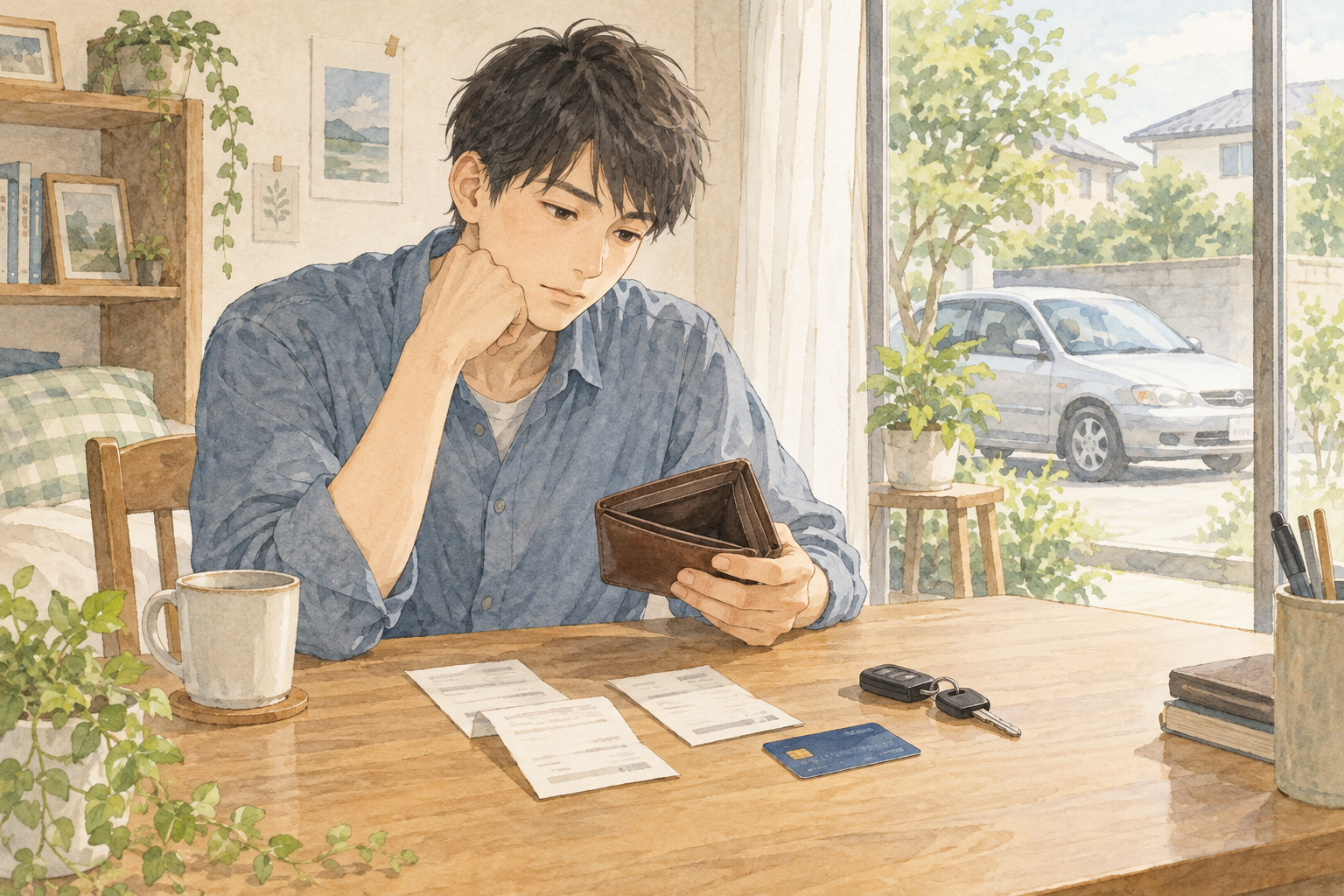 若い頃のお金の使い方を振り返る男性と、財布、支払いの書類、窓の外の車を描いた水彩イラスト