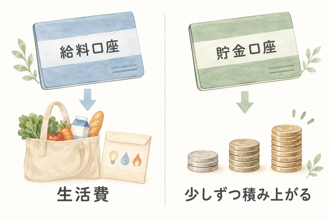 給料口座から生活費を使い、別の貯金口座で少しずつお金を残す様子を描いたイラスト