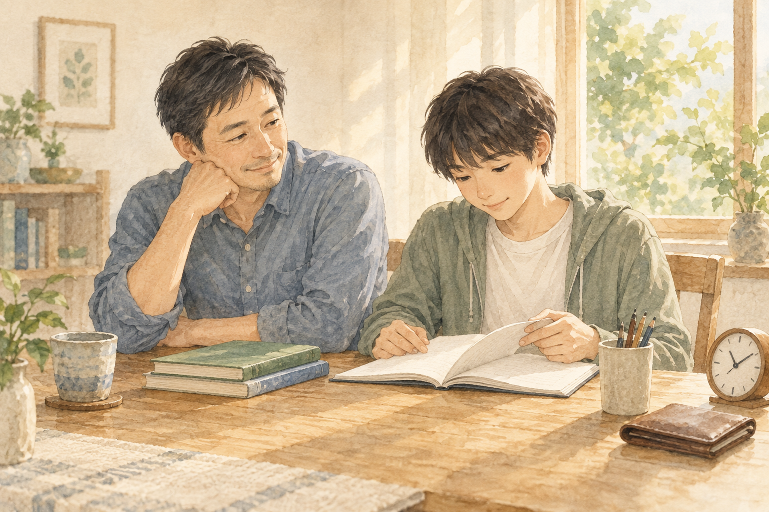 明るい窓辺でノートを開く10代の子どもと、そばで見守る父親を描いた水彩イラスト
