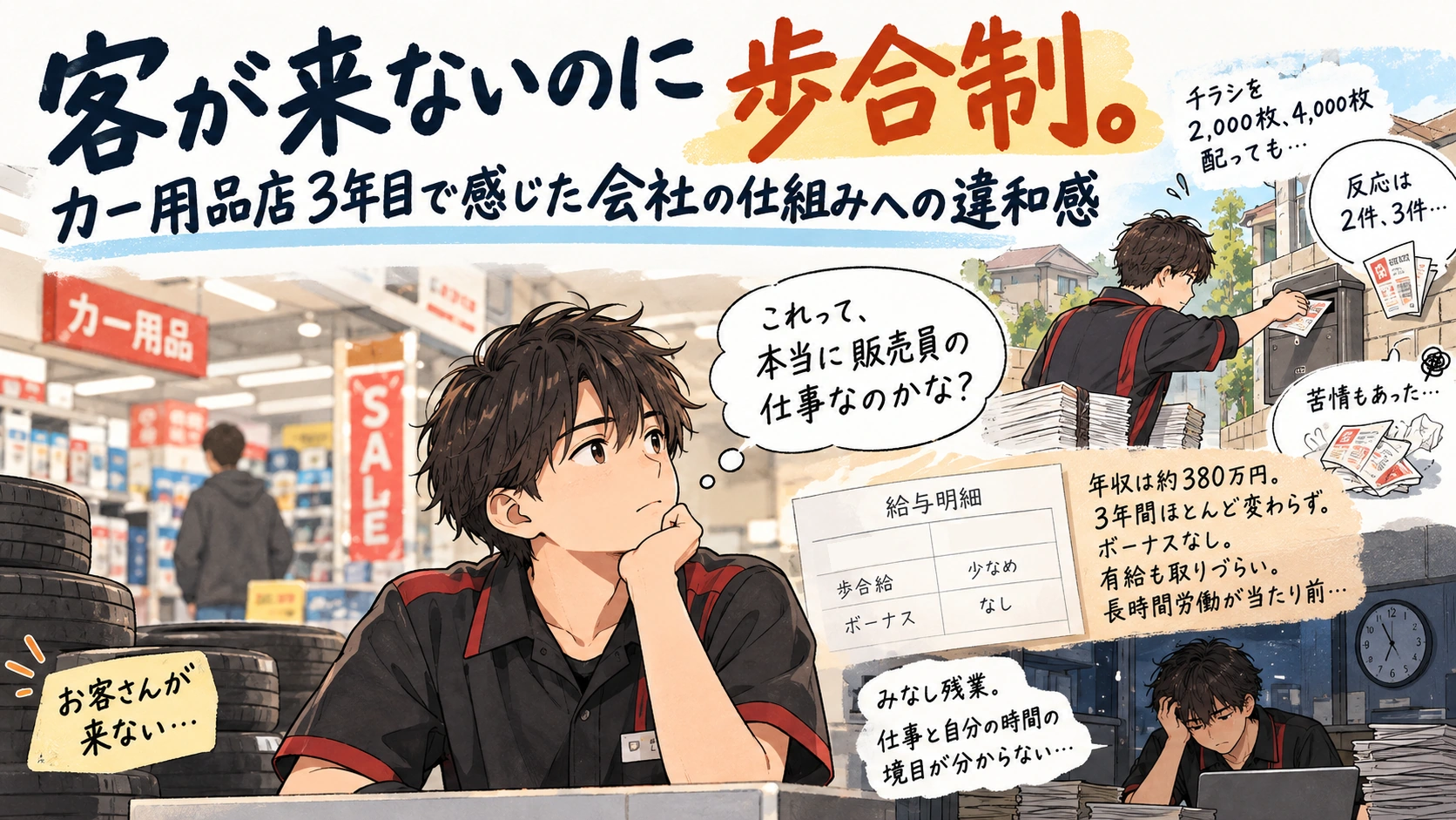 客の少ないカー用品店で歩合制やポスティング、働き方に疑問を感じる若い販売員のイラスト
