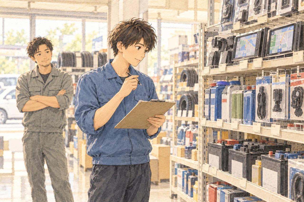 車の知識がないままカー用品店で働き始め、先輩に支えられながら仕事を覚えていく21歳の会社員のイラスト