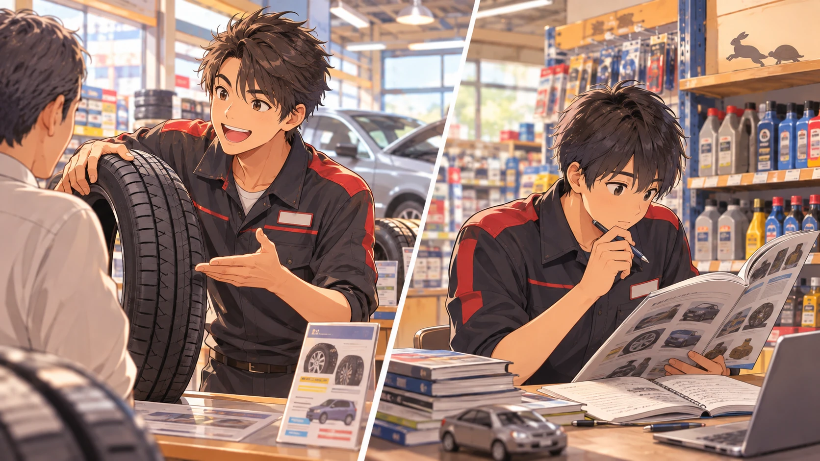 カー用品店で働くウサギ型と亀型の二人の若い販売員を通して、成長速度と継続の違いを表現したイラスト