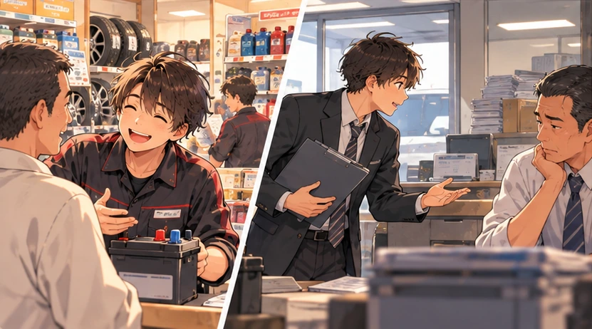 カー用品店での接客販売と、自分から取引先へ行く営業の違いを描いたイラスト
