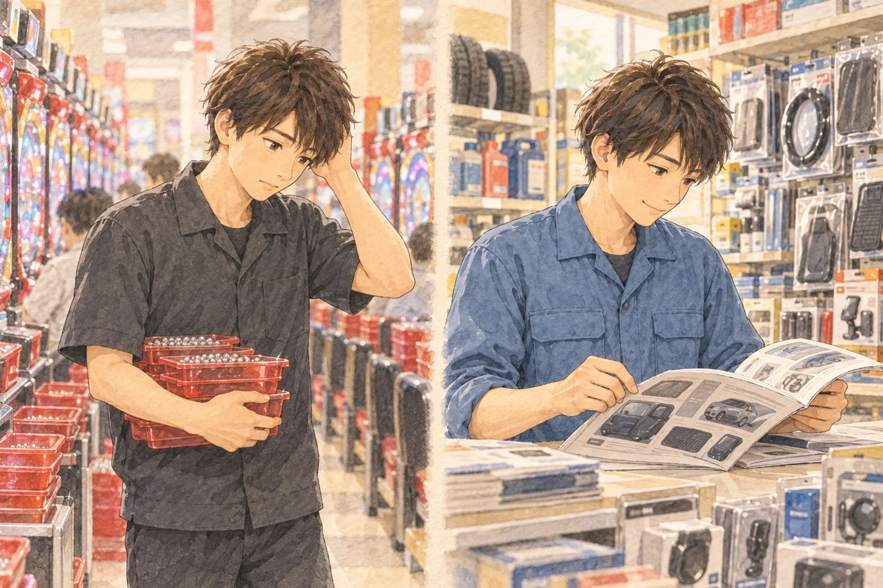 パチンコ店の仕事に戸惑う若い男性と、カー用品店でカタログを読み学ぶ喜びを感じる男性を対比したイラスト