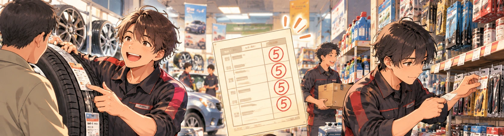 カー用品店で働く二人の若い販売員と、仕事の評価を通知表の5に例えたイラスト